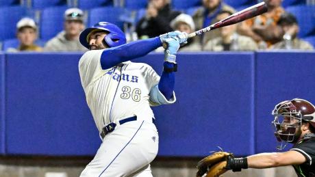 Angelo State's Chris Bernal takes a swing during the 2026 season.
