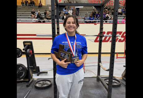 San Angelo Lake View’s Bella Reyes took third place Thursday in the unequipped division at the state powerlifting meet at Bert Ogden Arena in Edinburg.
