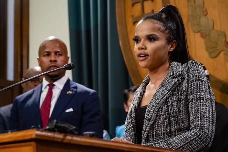 Ellie Fisher, vice president of the Texas NAACP Youth & College Division, speaks during a news conference at the state Capitol in Austin on April 4, 2023.
