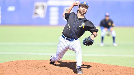 Angelo State's Garrett Baumann fires a pitch during the 2026 baseball season.