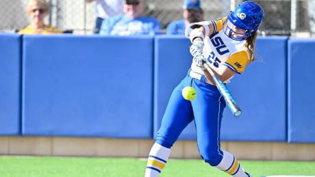 Angelo State's Kylie Forney takes a swing during the 2026 softball season.