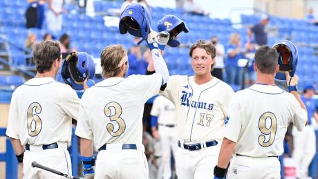The Angelo State baseball team celebrates during the 2026 season.
