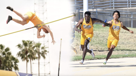 Angelo State Pole Vaulter Jonathan Wright and members of the 4x100 Meter Relay William Opare and Francis Patanpatan