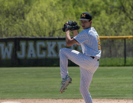 Menard High School baseball pitcher Eli Weatherly winds up during the 2026 season.