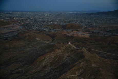 An aerial view of Mount Cristo Rey on the U.S.-Mexico border, with Ciudad Juárez and El Paso in the distance, in Sunland Park, New Mexico on Sept. 7, 2025.