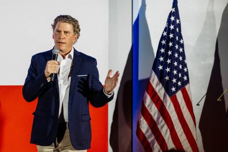 Bo French speaks at a Lone Star Liberty PAC rally at The Angry Elephant in San Antonio on Thursday, May 21, 2025. Chris Stokes for Texas Tribune