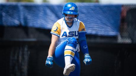 The Angelo State softball team celebrates during the 2026 Lone Star Conference Tournament.