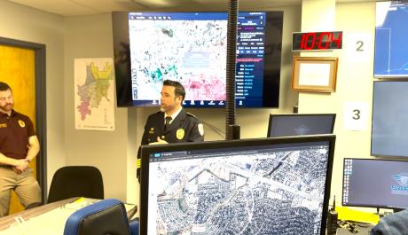 San Angelo Police Chief Travis Griffith gives a tour of the department's real-time crime center. 