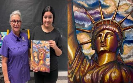 Pictured: Judy Aguado Mendoza and her winning piece with San Saba High School art teacher Shara Wright