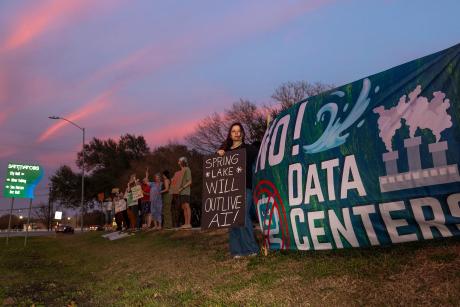 San Marcos residents protest a proposed AI data center during a City Council meeting on Feb. 17, 2026.