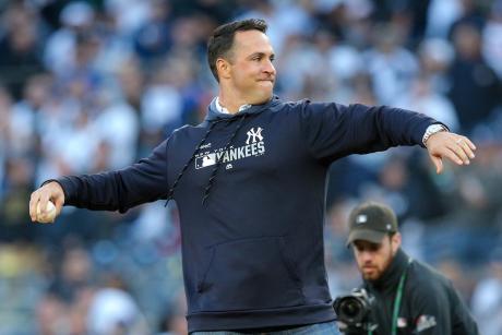 Former New York Yankees first baseman Mark Teixeira throws out the first pitch prior to Game Two of the ALDS between the Yankees and Minnesota Twins at Yankee Stadium on Oct 5, 2019, in the Bronx, New York.