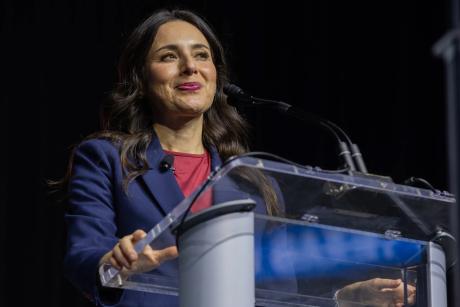 Democratic candidate for Texas Governor Gina Hinojosa speaks at the Texas Democratic Convention in Corpus Christi on June 26, 2026.