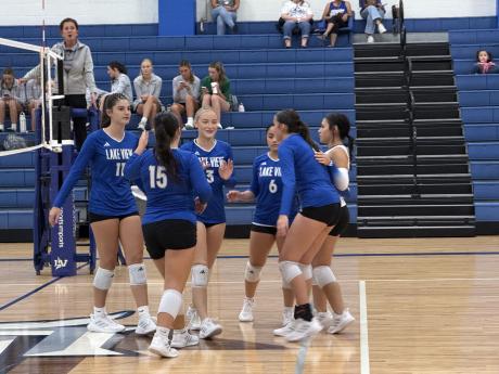 The Lake View Maidens celebrate a point during the 2026 Nita Vannoy Memorial Tournament. 