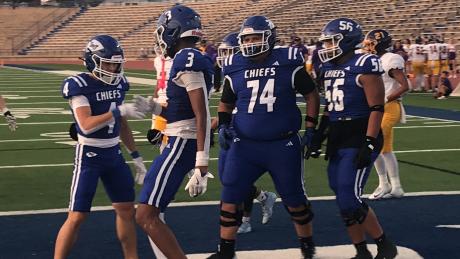 Lake View's Andrew Young celebrates a touchdown catch with Calvin Whitfield (4), Alex Jimenez (74) and Matthew Garza (56) against Pecos on Friday, Sept. 18, 2026.