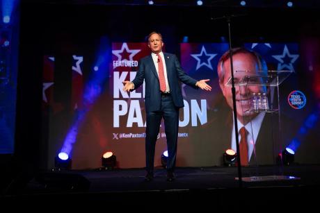 Attorney General Ken Paxton, the Republican nominee for U.S. Senate, enters the stage at the Texas Youth Summit in The Woodlands on Oct. 9, 2026. Antranik Tavitian for The Texas Tribune