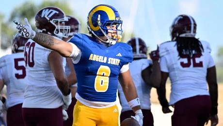 Angelo State's Thomas White reacts to a play during the 2026 football season.