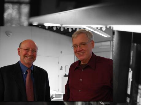 Library Director Larry Justiss and LIVE! reader Joe Weaver smile at Justiss' retirement reception Thursday. (LIVE! Photo by Chelsea Schmid)
