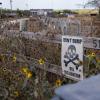 A home across the street from an entrance to an oilfield waste disposal facility has a sign reading "DON'T DUMP ON NORDHEIM" on Sept. 10, 2023. Credit: Julius Shieh/The Texas Tribune