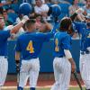 Tayten Tredaway, Austin Beck, Chase Pendley and Lane Hutchinson celebrate during the Angelo State baseball team's win over Lubbock Christian on Thursday at the NCAA Division II South Central Regional Tournament.