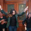 State Rep. Mihaela Plesa, D-Plano, rips up her "permission slip" in front of the Texas House, vowing she will stay the night in the House Chamber in support of fellow Democrat Nicole Collier on August 19, 2025. At left is Rep. Rhetta Bowers, D-Garland, at right is Rep. Cassandra Garcia Hernandez, D-Farmer's Branch.