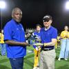 (L-R) ASU President Ronnie Hawkins presented Ricky Hudec the 2025 ASU Veteran of the Year plaque during ASU's Military Appreciation Day football game Nov. 8