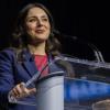 Democratic candidate for Texas Governor Gina Hinojosa speaks at the Texas Democratic Convention in Corpus Christi on June 26, 2026.