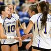 The Angelo State volleyball team celebrates a point during the 2026 season.