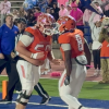 Central Bobcats' Zey Johnson and Parker Havercroft after a touchdown against Midland Lee, 2026.
