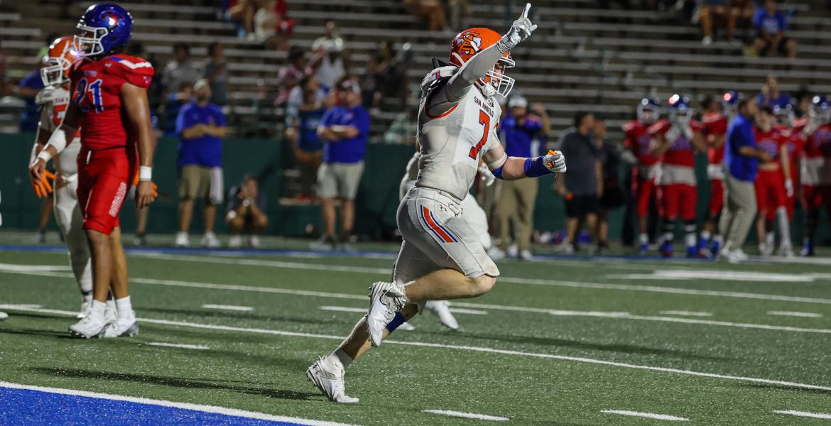 Mason Van Sickle celebrates after catching the winning touchdown in the final minute of a 31-27 win over Abilene Cooper during the 2024 season.