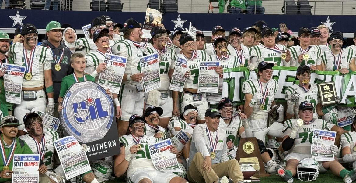 The Wall Hawks celebrate their 25-24 win over Newton in the Class 3A Division II state final on Thursday, Dec. 18, 2025, at AT&T Stadium in Arlington.