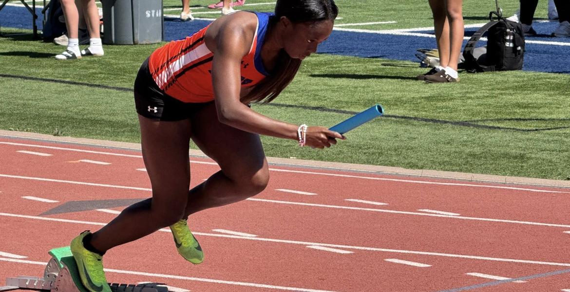 A San Angelo Central athletes takes off with the baton during the San Angelo Relays on Friday, March 13, 2026.