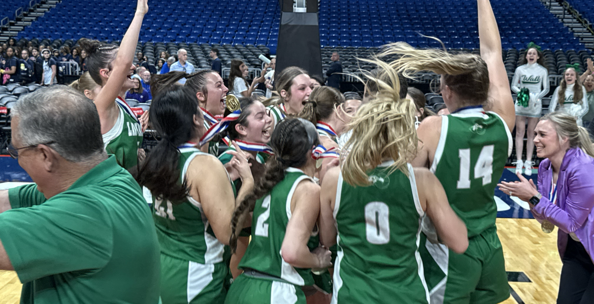 The Wall girls basketball team celebrates its win over Central Heights in the Class 3A Division II state final Monday, March 6, 2026, at the Alamodome in San Antonio.
