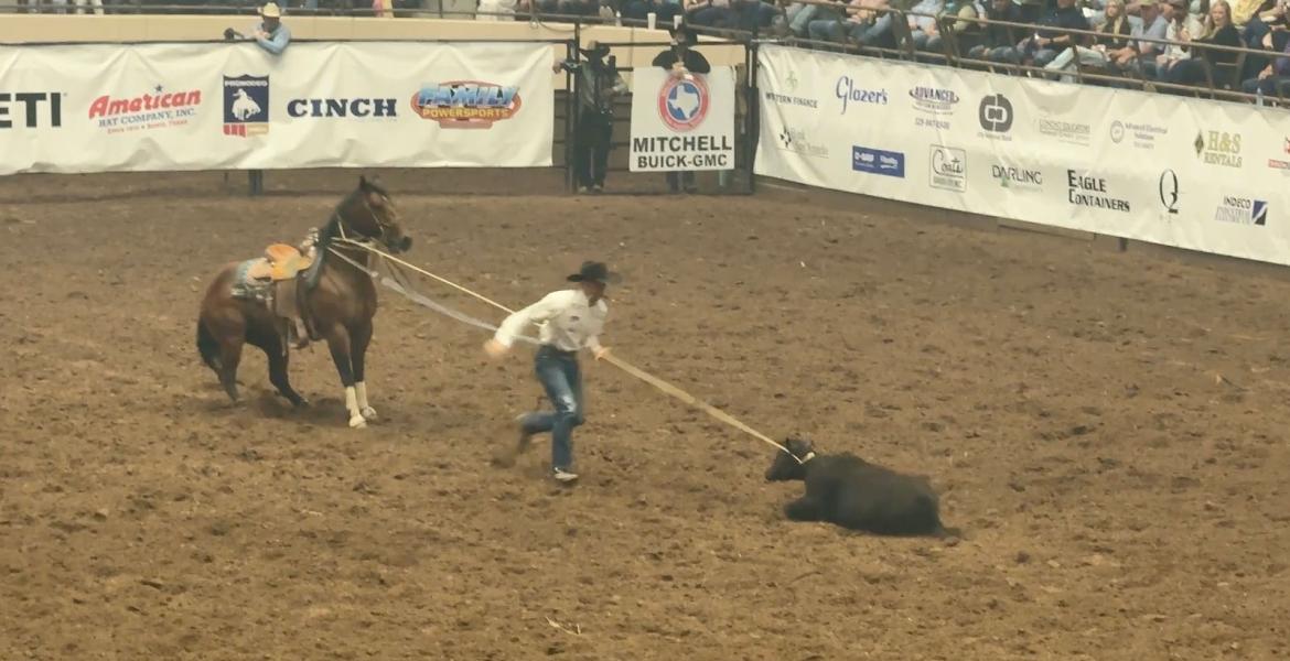 Joel Harris leads the tie-down at the San Angelo Rodeo after performance 1 on April 3, 2026.