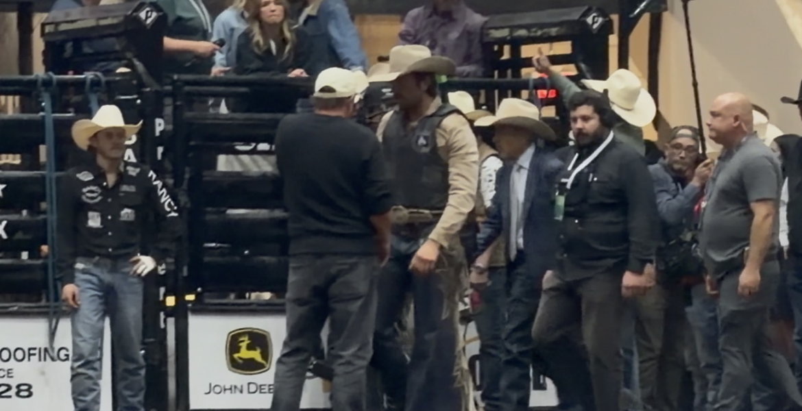 Brandon Sklenar at the San Angelo Stock Show and Rodeo filming The Rescue