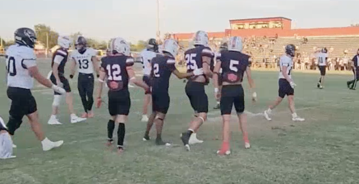 Ballinger's Hunter Kresta celebrates with teammates after a touchdown catch against Brady on Friday, Sept. 18, 2026.