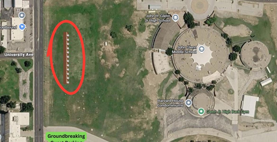 The Oct 13, 2026 groundbreaking ceremony for the all-new Glenn Middle School will be held on the west side of the old "space age" flying saucer-shaped Glenn building.