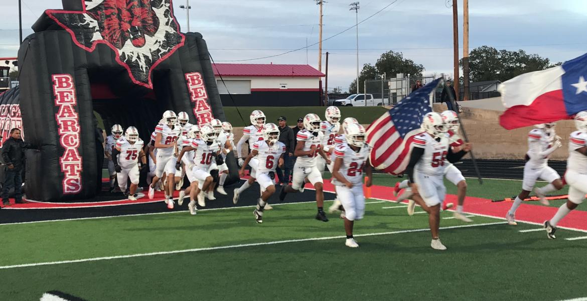 The Ballinger Bearcats run onto the field before their game against Colorado City on Friday, Oct. 16, 2026.